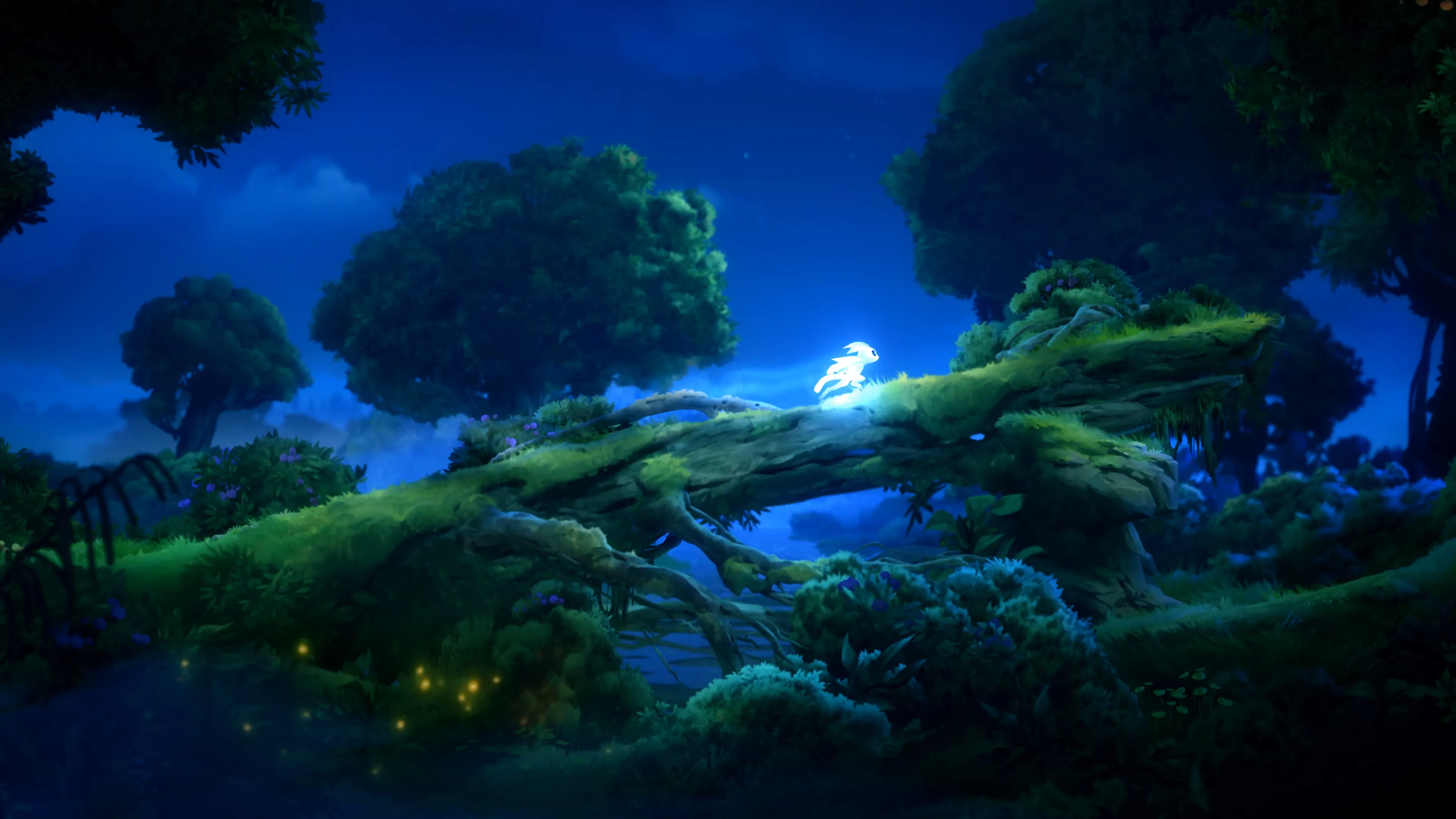 A screenshot of the Game "Ori and the Will of the Wisps" showing Ori on a tree trunk